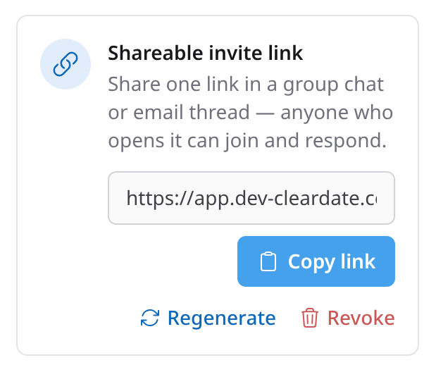 Copying a shareable invite link in ClearDate