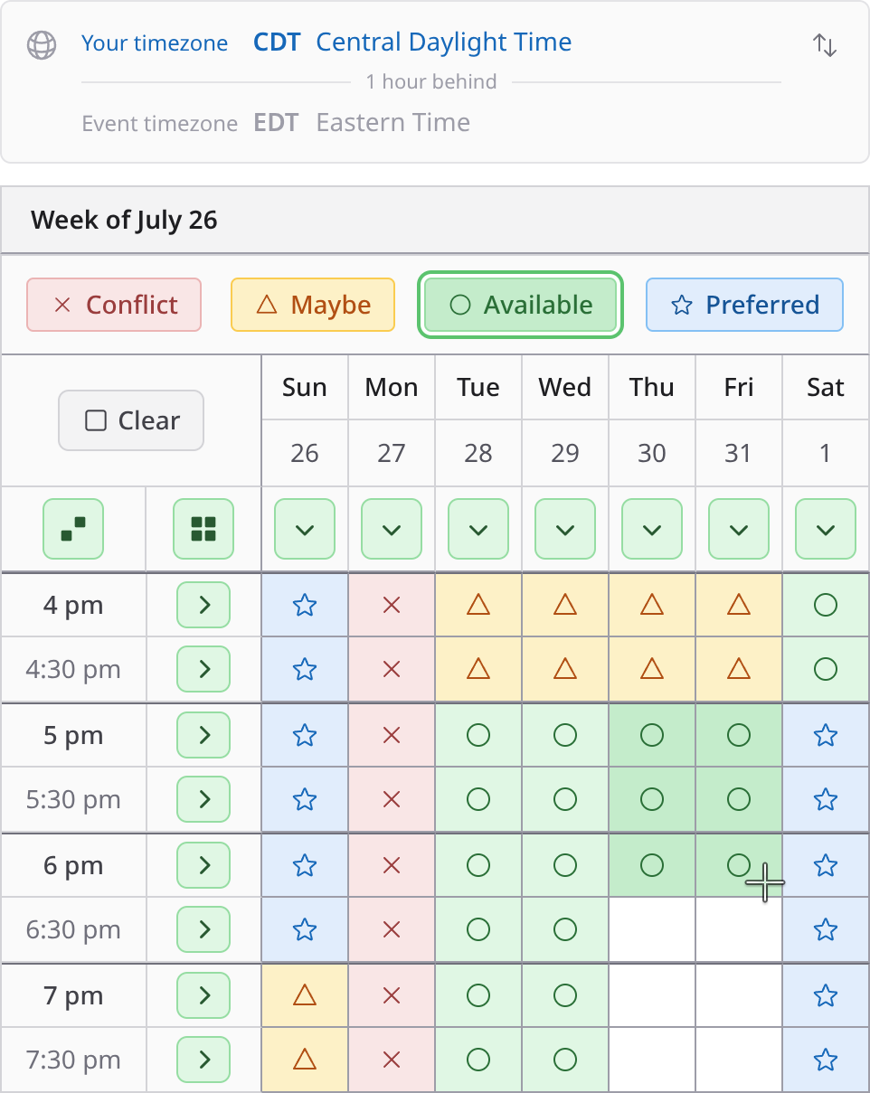 A ClearDate response grid partly colored in, with distinct colors marking conflict, maybe, available, and preferred slots