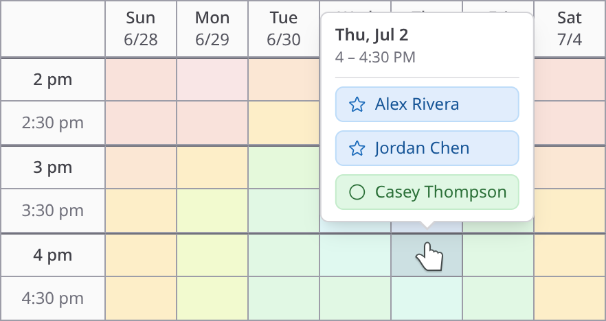 A ClearDate event grid showing a selected time slot and the guests who marked it available or preferred