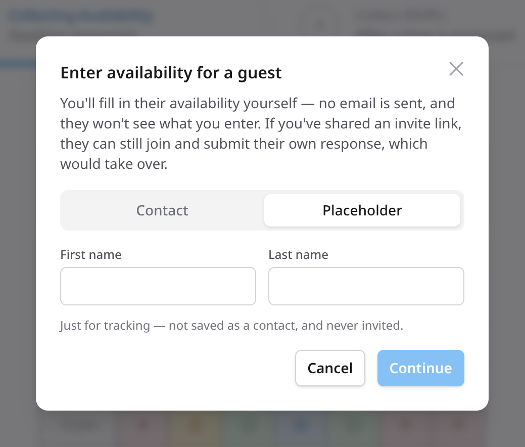 The ClearDate host flow for recording a guest's availability for them, from the guest list