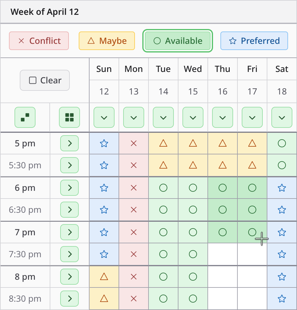 ClearDate availability grid showing time slots colored red, amber, green, and blue