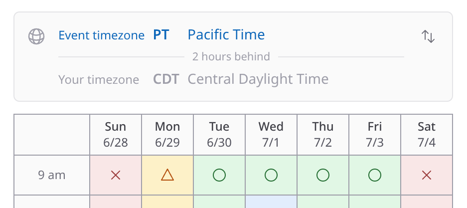 Toggling between the event's timezone and your own in ClearDate